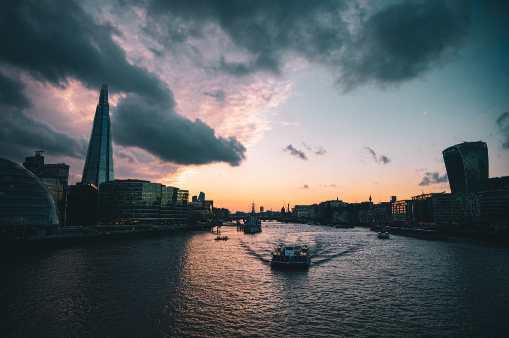 London skyline at sunset with the Shard and River Thames